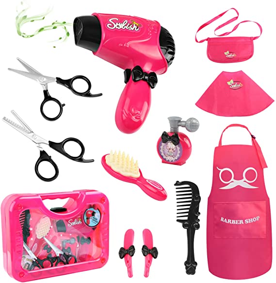 Girls Beauty Salon Pretend Play Hair Cutting Kit with Dryer