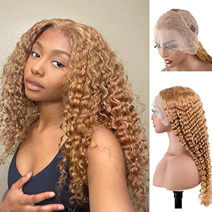 BLY Light Brown Colored 10A Human Hair Lace Front Wigs for Women 13x4 HD Transparent Pre Plucked Deep Wave Curly Wigs 180% Density #27 Brown Wig 20 Inch