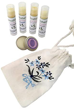 5 All Natural Solid Perfume Jasmine Lavender Plumeria Patchouli Tangerine (4 tube + 1 Jar) ? Free Embroidered Pouch