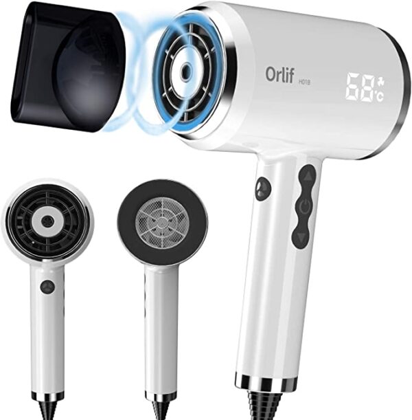 Orlif Professional Ionic Hair Dryer,Frequency Conversion Blow Dryer,Digital LED Display,Fast Drying Hot/Cool Flow,Auto Memory Sensor,Multiple Speed ,Magnetic Concentrator Nozzle,White