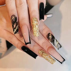 Elegant Black Acrylic Nails with Gold Foil Design