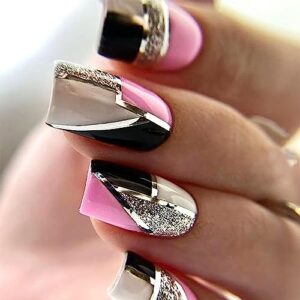 Sparkling Silver Glitter on Black Acrylic Nails – Long-lasting