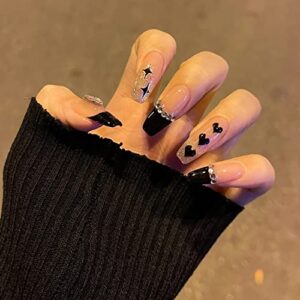 Sleek Black Coffin Acrylic Nails with Dazzling Rhinestones - 24 Count
