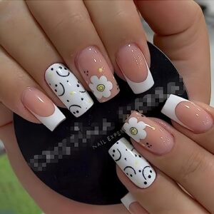 Monochrome Acrylic Nails with Smiley Face Design