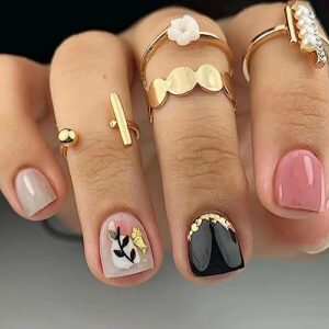 Chic Black Acrylic Nails With Luxe Gold Flakes - New