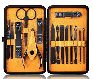 15 Piece Professional Stainless Steel Nail Clipper Travel Grooming Manicure Pedicure Set Black Yellow