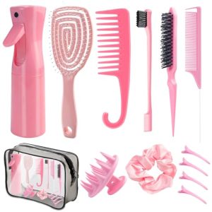 13PCS Hair Brush Set for Women, Vented Deangler, Wide Tooth Comb, Spray Bottles – Pink