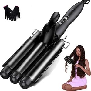 3 Barrel Curling Iron and Waver, 1 Inch for Mermaid Beach Waves, Fast Heating, Black