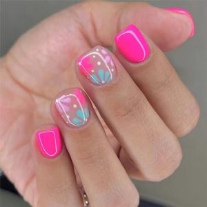 Flower Press Short Square Fake Nails 24Pcs Light Blue Pink Daisy Design Glossy Full Cover Reusable Stick on Nails for Women and Girls