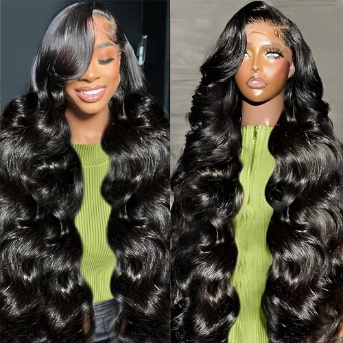 28 Inch Body Wave Lace Front Wig 180 Density HD Human Hair 13x6 Natural Black for Women