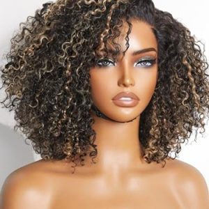 10 Inch Blonde Highlight Short Curly Human Hair Wig