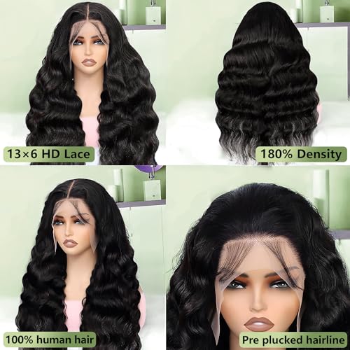 28 Inch Body Wave Lace Front Wig 180 Density HD Human Hair 13x6 Natural Black for Women - Image 5