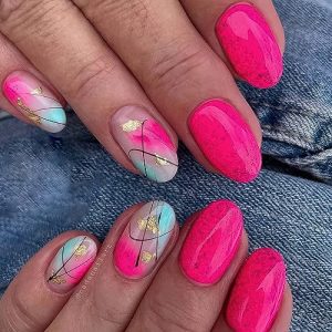 24 Pcs Almond-Shaped Hot Pink False Nails with Unique Jin Bo Designs