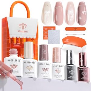 Modelones Gel Nail Polish Kit with UV Light, 4 Colors, Mini Size, Base & Top Coat, Stickers - Fall Manicure Set for Women