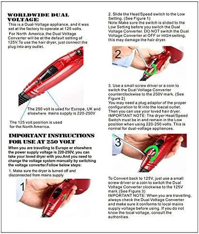 Berta 1875W Compact Folding Travel Hair Dryer with Dual Voltage in Red - Image 3