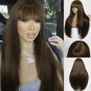 KLAIYI 24-Inch Brown Yaki Straight Lace Front Wig with Bangs for Women