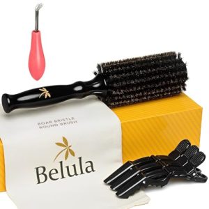 Belula 100% Soft Boar Bristle Round Hair Brush Set, 1.6” Barrel, Includes 3 Clips & Travel Bag