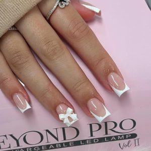 White French Tip Press On Nails with Bow Design Medium Square Full Cover Acrylic 24 Pcs