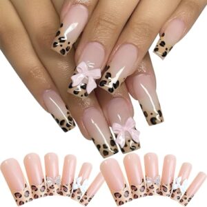 24PCS Long Leopard Print Press-On Acrylic Nails Set for Stylish Nail Art