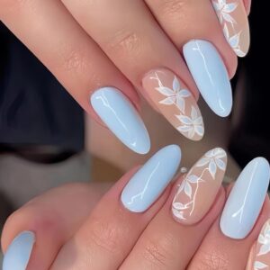MERVF 24pcs Medium Oval Light Blue Floral Press-On Nails for Easy Application