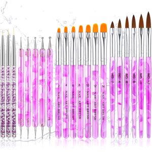 21 Pieces Acrylic Nail Art Brush Set UV Gel Nail Brush Nail Painting Brush Pen Nail Art Dotting Pen Nail Art Tip Builder Brushes Nail Art Liner Brush for Nail Salon Home DIY Nail Favor (Purple)