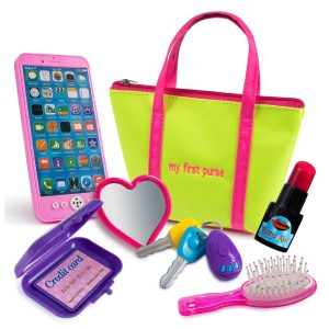 Kiddofun My First Purse – Kids Pretend Toy Hand Bag Includes Play Phone Keys Mirror Hairbrush Wallet Credit Card Lipstick – Great Gift Set for Girls