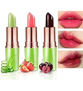 3 Pcs Red Cherries Color Changing Lipstick,Aloe Vera Strawberry Long Lasting Lip Care Moisturizer...