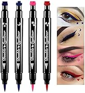 4Pcs Double-head Liquid Stamp Eyeliner Pencil, 5 in 1 Pink Flowers Red Heart Blue Moon Purple Sta...