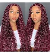 99j Burgundy Lace Front Wigs Human Hair Deep Wave Pre Plucked Red Curly Human Hair Wig 4x4 HD Col...