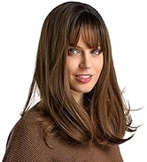 TopWigy Ombre Brunette Wig with Bangs Natural Headline Dark Brown Wig Synthetic Straight Wigs Cos...